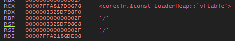 Call stack showing LoaderHeap registers